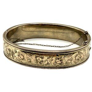 Antique Victorian Edwardian Gold Filled Etched Floral Clamp Bracelet 1880 1900